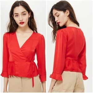 TOPSHOP Red Long Sleeve Front Tie Blouse Sz 4